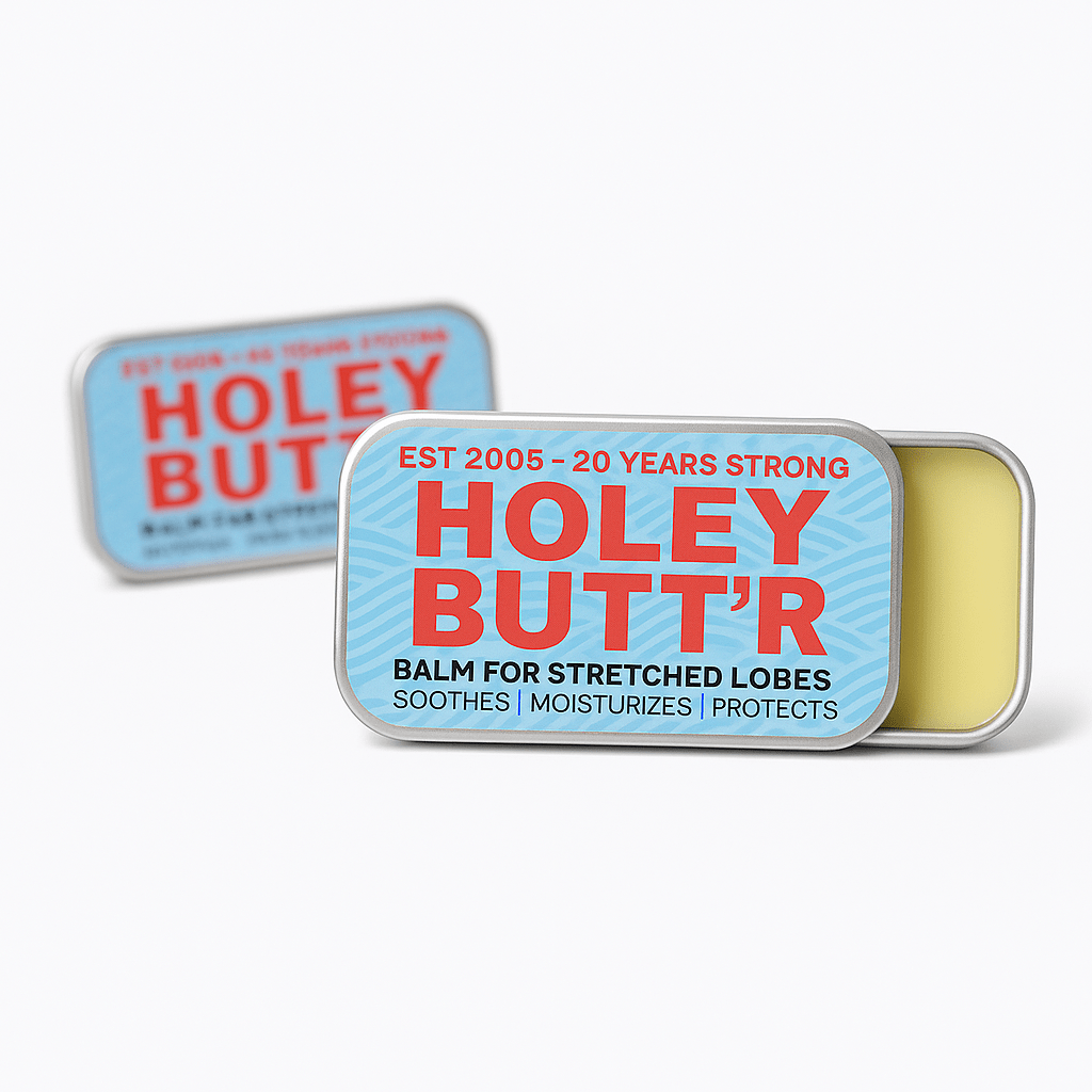 Holey Butt’r label on 10 g slide-top tin, cosmetic balm for stretched lobes.